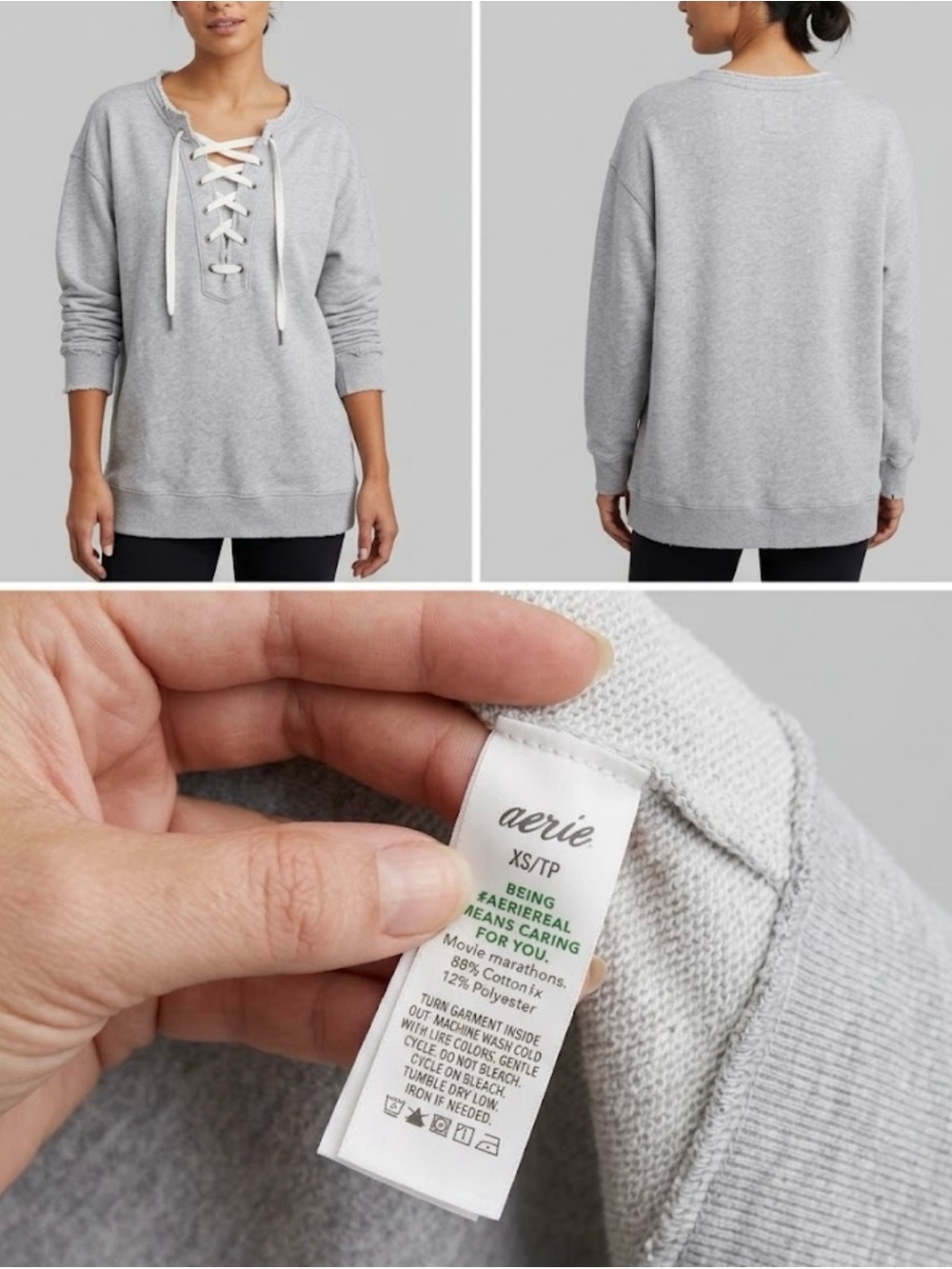 aerie Heather Gray Lace-Up Pullover Sweatshirt